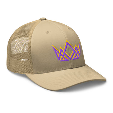 Khaki Royalty trucker cap – angled front view with stitched purple and gold geometric crown
